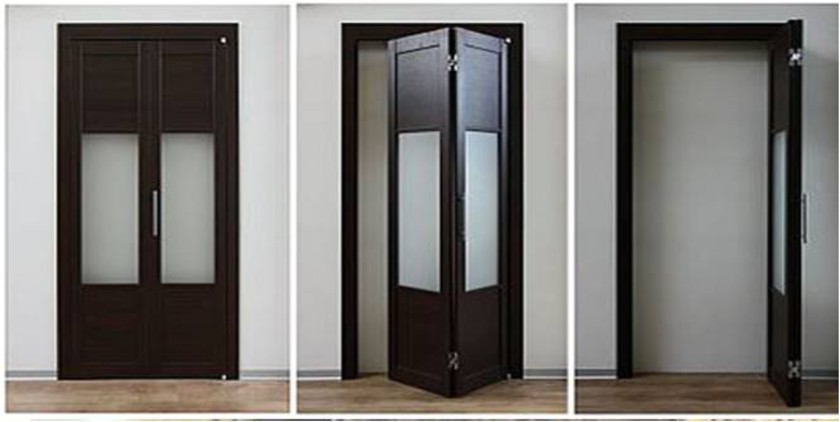 Шпонированные двери гармошка с матовыми стеклянными вставками Орёл